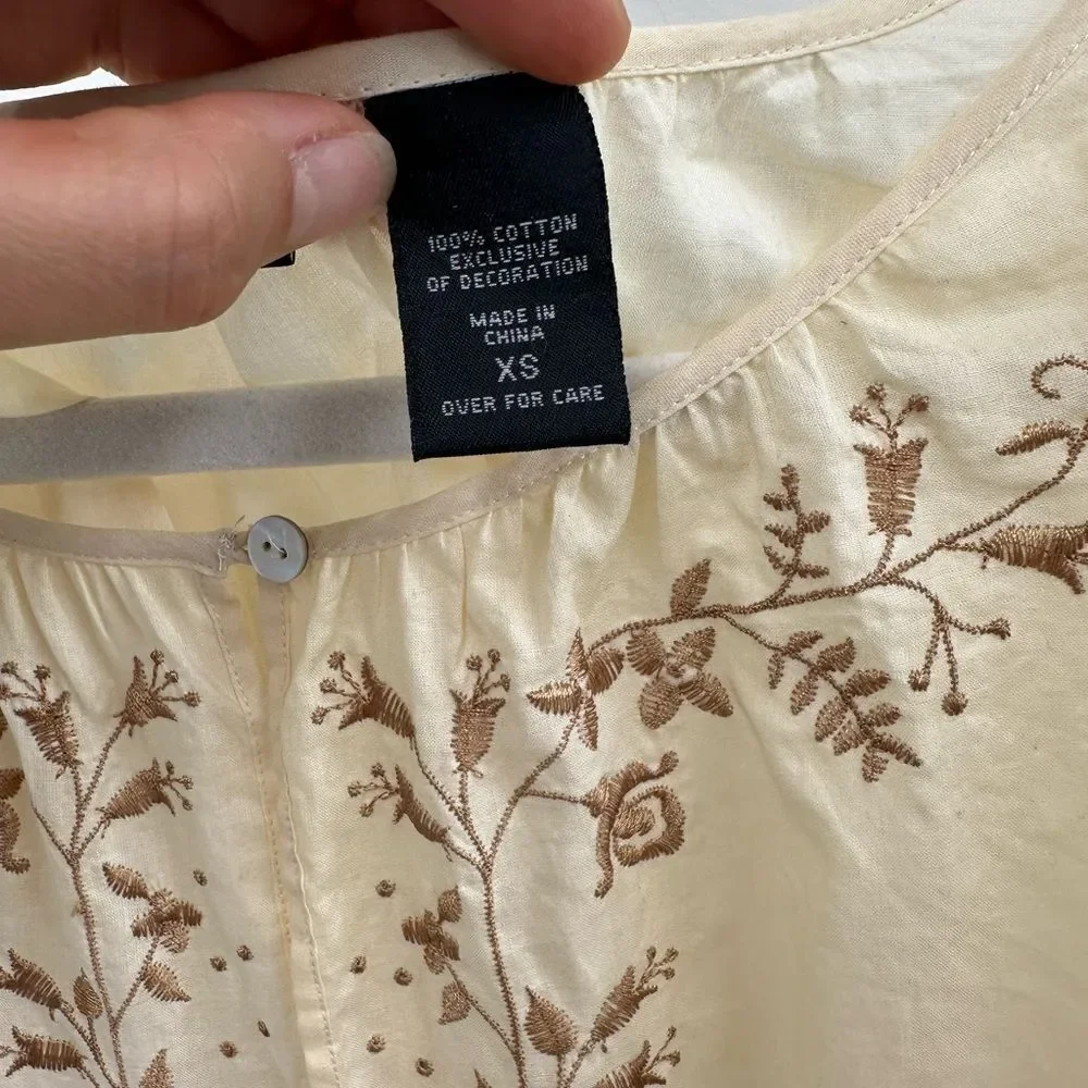 Vintage 90’s Express Beige Boho Embroidered Cotton Midi Long Sleeve Dress XS